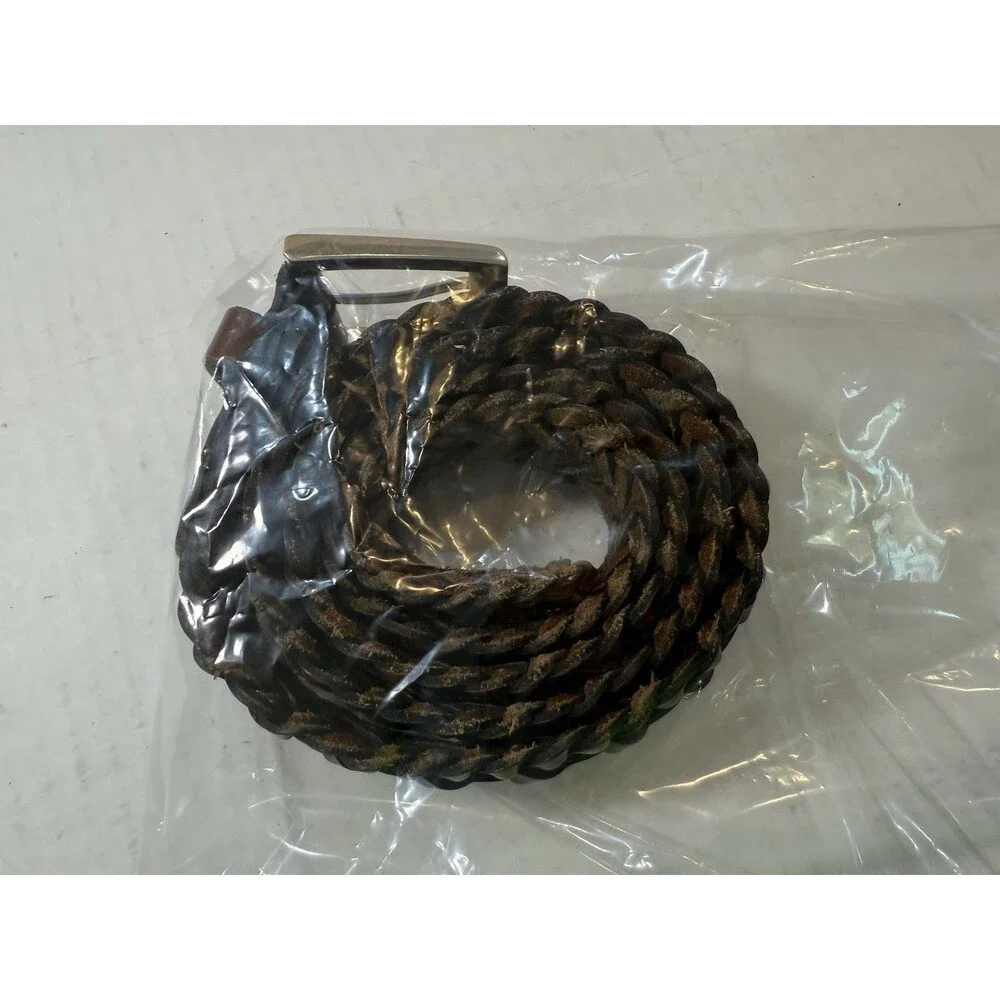 Braided Woven Leather Belt Nickel Tone‎ Brown Buckle Size L